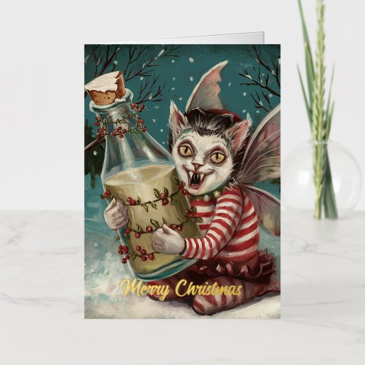 Kerstmis Vampier Kitty Met Melkflesje Folie Wenskaart (Voorkant)