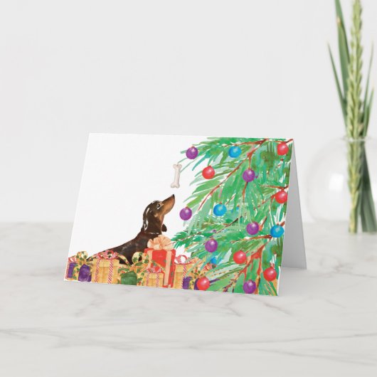 Kerstmis van de Waterverf van de Hond van de Worst Kaart (Voorkant)