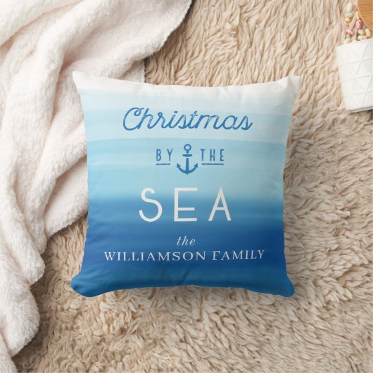 Kerstmis van de Zee Coast Blue Ombre Typographic Kussen (Deken)