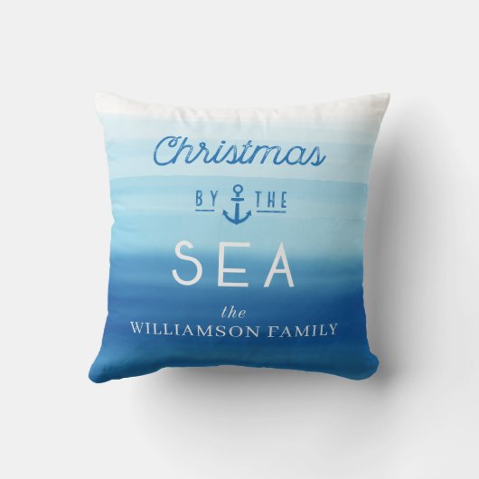 Kerstmis van de Zee Coast Blue Ombre Typographic Kussen (Achterkant)
