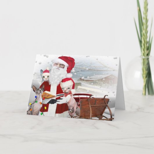 Kerstmis van het Katje van Sphynx met Kerstman Feestdagen Kaart (Voorkant)