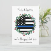 Kerstmis van politie met blauwe lijnvlag feestdagenkaart (Staand voorkant)