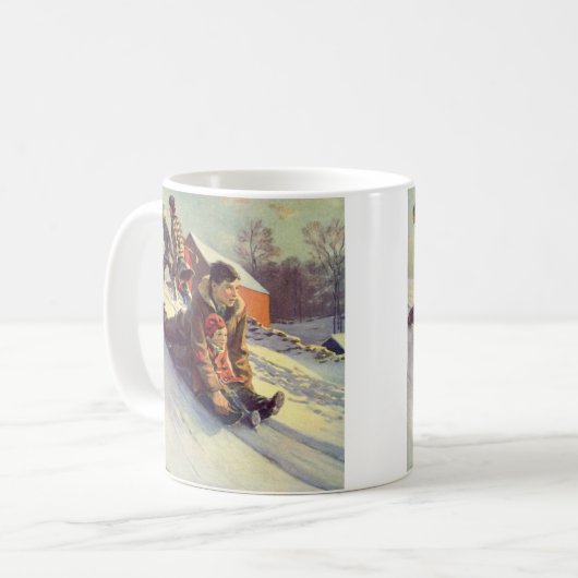 Kerstmis van vroeger, vader en dochter sleeën koffiemok (Voorkant links)
