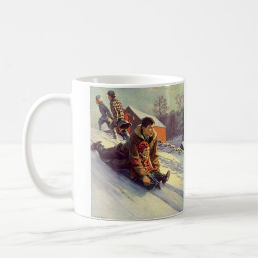 Kerstmis van vroeger, vader en dochter sleeën koffiemok (Links)