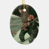 Kerstmis van vroeger, vader en zoon hakken een boo keramisch ornament (Achterkant)