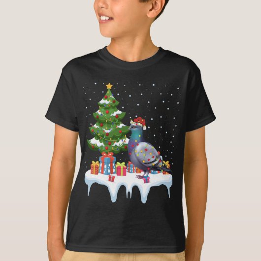 Kerstmis Verlichting Boom Kerstman Hoed Duif Kerst T-shirt (Voorkant)