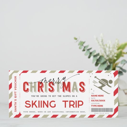 Kerstmis Verrassing Ski Trip Gift Ticket Voucher Kaart (Staand voorkant)