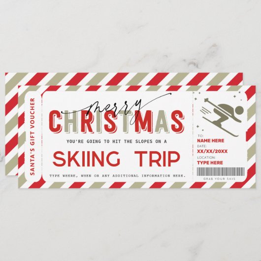Kerstmis Verrassing Ski Trip Gift Ticket Voucher Kaart (Voorkant / Achterkant)