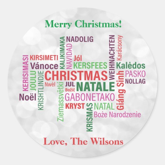 Kerstmis verschillende talen Word Cloud Custom Ronde Sticker (Voorkant)