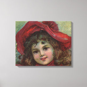 Kerstmis Victoriaans Kind Rode Hoed Meisje Portret Canvas Afdruk