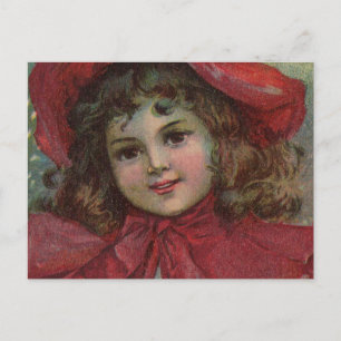 Kerstmis Victoriaans Kind Rode Hoed Meisje Portret Feestdagenkaart