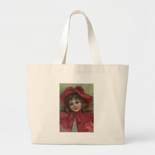 Kerstmis Victoriaans Kind Rode Hoed Meisje Portret Grote Tote Bag