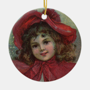 Kerstmis Victoriaans Kind Rode Hoed Meisje Portret Keramisch Ornament