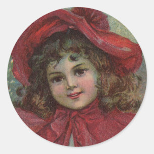 Kerstmis Victoriaans Kind Rode Hoed Meisje Portret Ronde Sticker