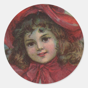 Kerstmis Victoriaans Kind Rode Hoed Meisje Portret Ronde Sticker