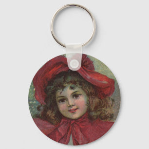 Kerstmis Victoriaans Kind Rode Hoed Meisje Portret Sleutelhanger