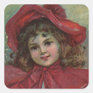 Kerstmis Victoriaans Kind Rode Hoed Meisje Portret Vierkante Sticker