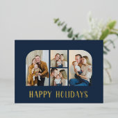 Kerstmis vier familie foto minimalist groen folie feestdagenkaart (Staand Voorkant)