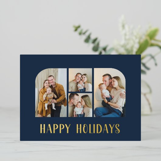 Kerstmis vier familie foto minimalist groen folie feestdagenkaart (Staand Voorkant)