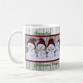 Kerstmis, vier kottersneeuwsmannen Prettige feestd Koffiemok (Links)