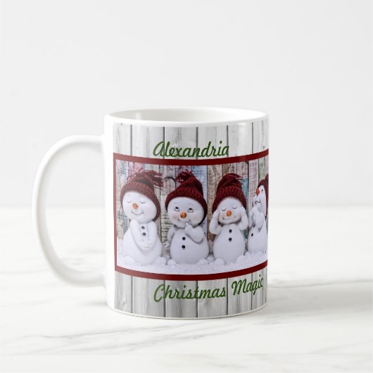 Kerstmis, vier kottersneeuwsmannen Prettige feestd Koffiemok (Links)