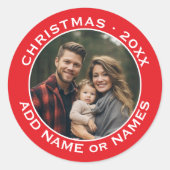 Kerstmis vieren - Foto en tekst rood wit Ronde Sticker (Voorkant)