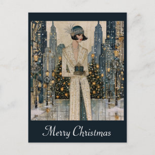 Kerstmis Vintage Art Deco Stad Flapper Vrouw Briefkaart