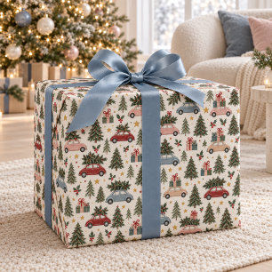 Kerstmis Vintage Auto's & Bomen Inpakpapier