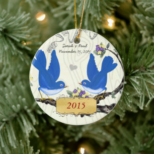 Kerstmis Vintage Blauwe Vogels op Houtstructuur Keramisch Ornament