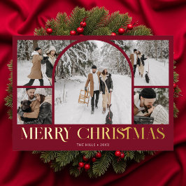Kerstmis Vintage Boog Fotocollage Rood Folie Feestdagenkaart