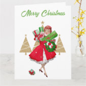 Kerstmis Vintage Dame Prettig Kerstfeest Kaart (Gele Bloem)