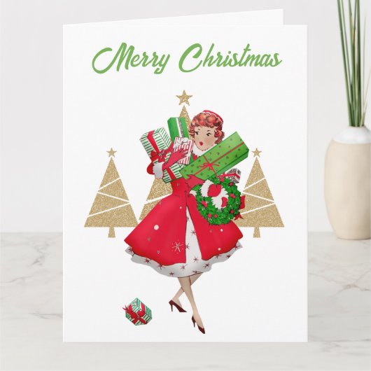 Kerstmis Vintage Dame Prettig Kerstfeest Kaart (Voorkant)