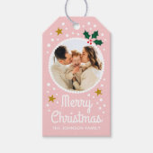 Kerstmis Vintage Foto Roze Met Naam Cadeaulabel (Voorkant)