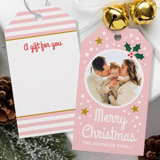 Kerstmis Vintage Foto Roze Met Naam Cadeaulabel