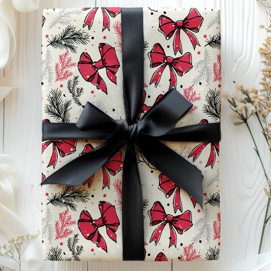 Kerstmis Vintage Gebladerte Rode Strikken Cadeaupapier