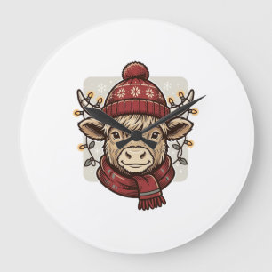 Kerstmis Vintage Highland Koe Vector T-shirt Ontwe Grote Klok