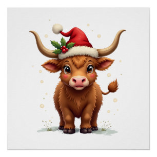 Kerstmis vintage hooglandkoe Schattige vakantie bo Perfect Poster