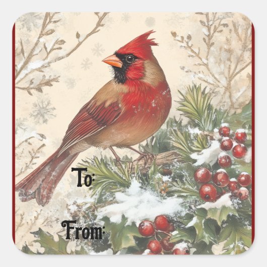 Kerstmis Vintage Kardinaal Cadeau Sticker (Voorkant)