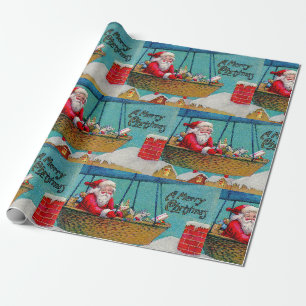 Kerstmis Vintage Kerstman in Luchtballon Cadeaupapier