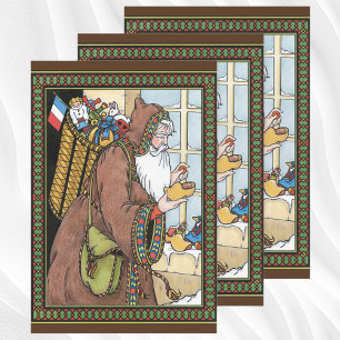 Kerstmis Vintage, Kerstman Speeltjes Klompen Schoe Inpakpapier Vel