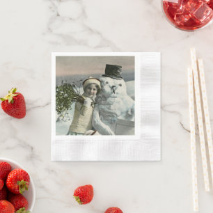 Kerstmis Vintage Meisje Met Sneeuwman  Servet