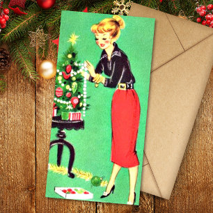 Kerstmis Vintage Meisje Versiert Kerstboom Feestdagenkaart