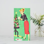 Kerstmis Vintage Meisje Versiert Kerstboom Feestdagenkaart (Staand voorkant)