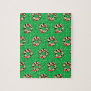 Kerstmis Vintage Patroon, Bloemkransen op Groen Legpuzzel