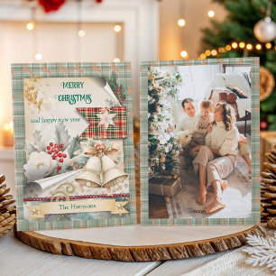 Kerstmis Vintage Plaid Bellen Foto Achterkant Feestdagenkaart