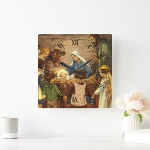 Kerstmis vintage, religieus geboortescène met baby vierkante klok