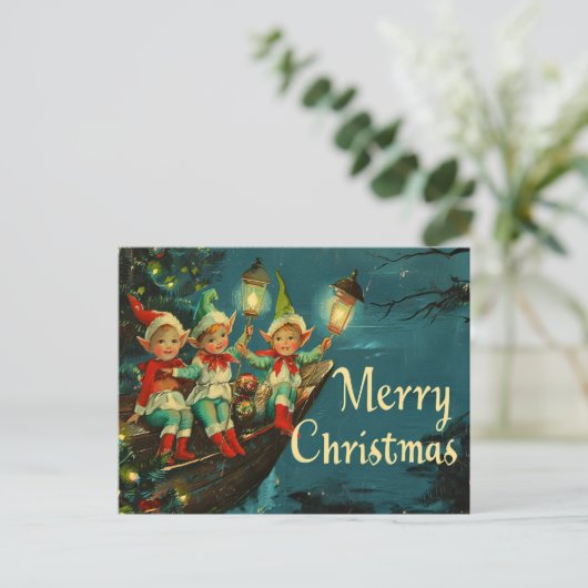 Kerstmis Vintage Retro: Gelukkige Elfen Feestdagenkaart (Staand voorkant)