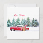 Kerstmis Vintage rode auto met besneeuwd landschap (Voorkant)