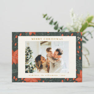 Kerstmis Vintage Rode Botanische Groene Twee Foto Feestdagenkaart