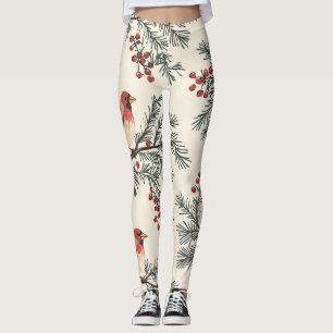Kerstmis Vintage Rode Kardinaal Dennenbes Crème Leggings